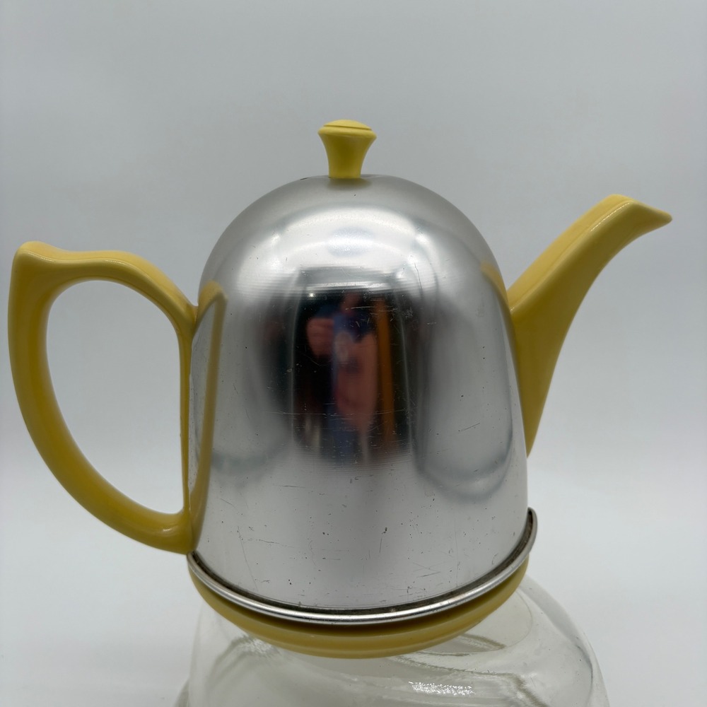Vintage Hall China Yellow Teapot with Insulated Chrome Aluminum Cozy Made in USA